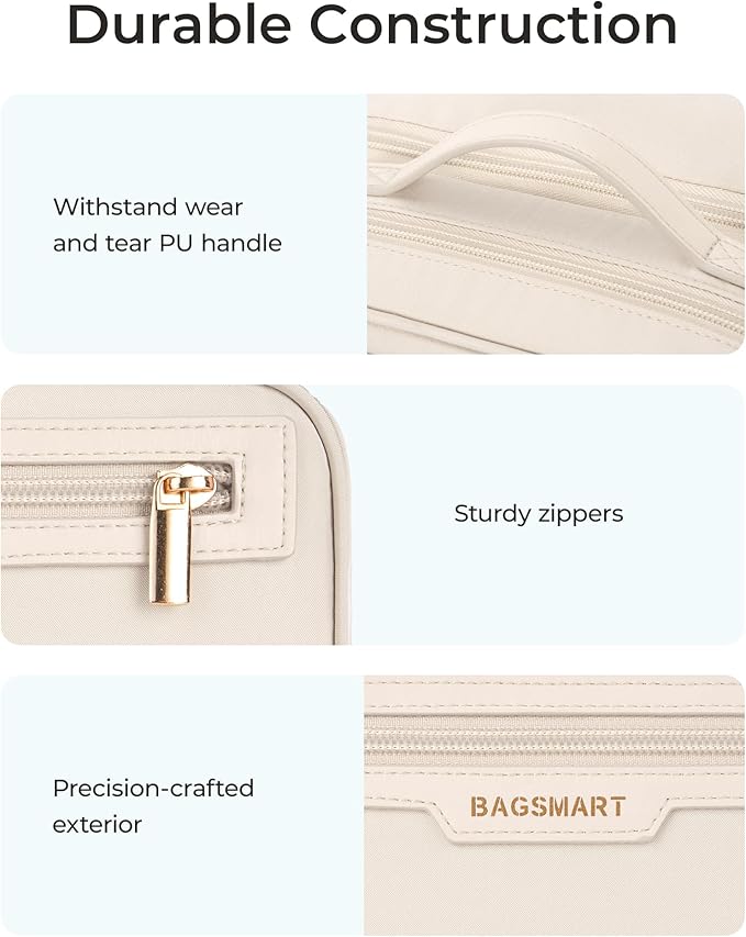 BAGSMART Travel Makeup Bag, Make Up Bag with Multiple Compartments for Organizer, Durable & Compact Cosmetic Organizer for Women for Travel Accessories (Beige)