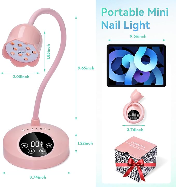 Makartt UV Nail Lamp: Flash Cure lamp UV Light for Gel Nails Polish Luminoza 30W Rechargeable LED Nail Dryer with 4 Timers & Auto Sensor Fast Curing Goosenecks Lamp for Home DIY Manicure (Pink)