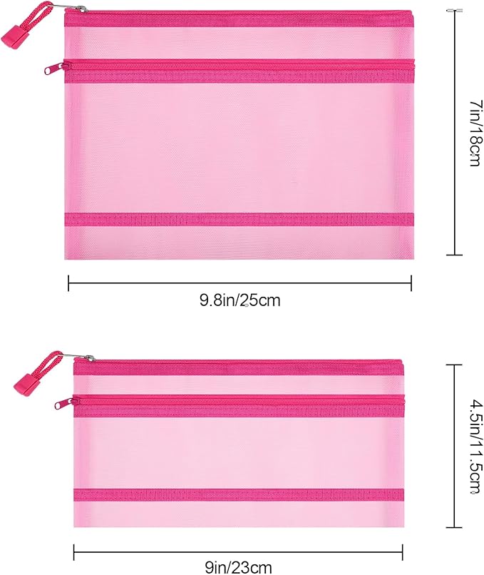 12 Pieces Zipper Nylon Mesh Pouch, Mesh Cosmetic Bags Makeup Bags Pencil Case, Multipurpose Travel Bags for Cosmetic School Office Supplies and Travel Accessories (2 Layers-Pink, A5)
