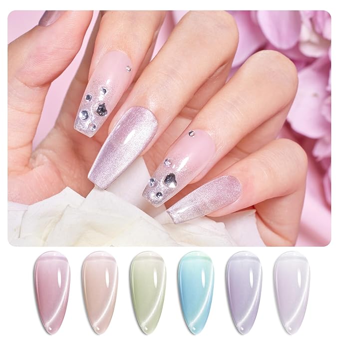 Beetles Cat Eye Gel Nail Polish Set, 6 Colors Jelly Pink Translucent Pastel Blue Purple Orange Green Glass Cat Eye Sheer Gel Polish Kit Soak Off UV Lucite Collection Manicure Gifts for Women