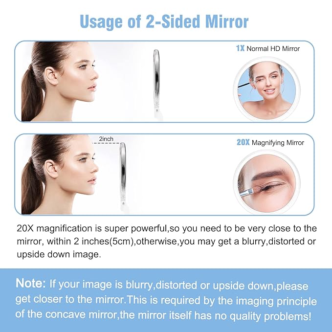 JMH Magnifying Handheld Mirror Double Sided, 1X 20X Magnification Hand Mirror, Travel Folding Held Adjustable Rotation Pedestal, Portable Small Makeup Mirror, 6 Inch