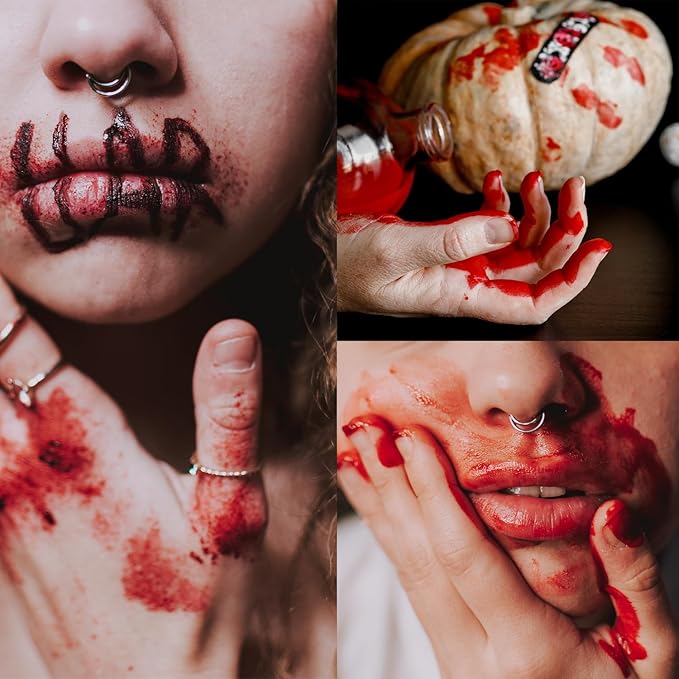 BOBISUKA 2PCS Halloween Fake Blood Makeup Kit - Fresh Red + Dark Red Realistic Washable Special Effects SFX Makeup Set, for Zombie Vampire Cosplay Monster Mouth Clothes Dress Up