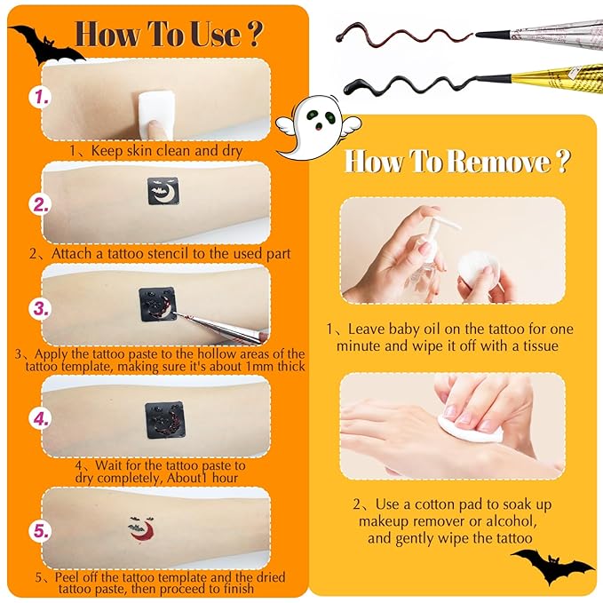 Halloween Temporary Tattoos Stencils Kit,Temporary Tattoos Kit - 4 Pcs 4 Color(Maroon,Black,Cherry red,Green) Ink with Gloves,DIY Body Art Painting for Women Men Adults Kids