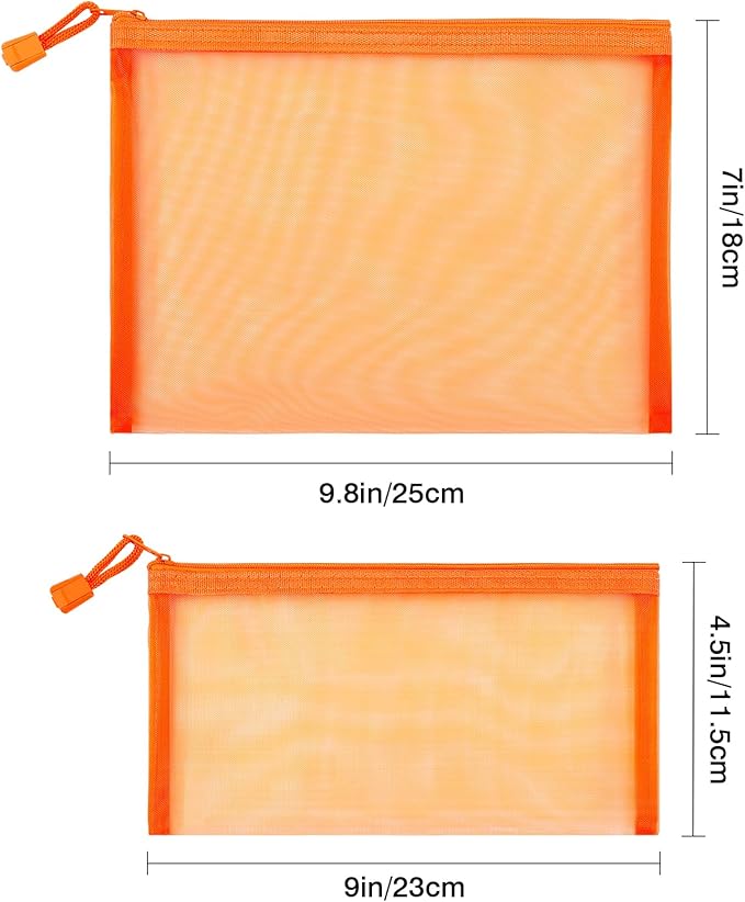 12 Pieces Zipper Nylon Mesh Pouch, Mesh Cosmetic Bags Makeup Bags Pencil Case, Multipurpose Travel Bags for Cosmetic School Office Supplies and Travel Accessories (Orange, A5+B6)