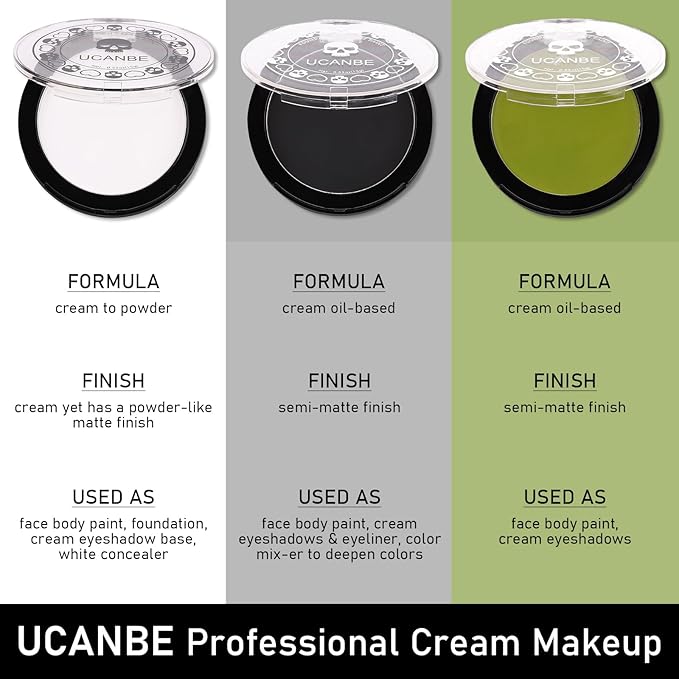 White Foundation + Black Green Face Body Paint with Painting Brushes Halloween Makeup Set, Kids Adults Facepaint Kit for Witch Monster Grinch Shrek Hulk Alien Special Effects Make Up Cosplay Party