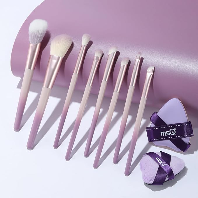 MSQ Make Up Brushes Total 10Pcs-with 8 Makeup Brush & 1 Foundation Puff & 1 Velve Powder Puff with Bag, Synthetic Hair Powder Brushes for Blush Countour Concealer Eyeshadow Eyeliner