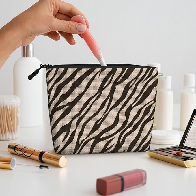 MOLAIGIN Zebra Print Brown Apricot Cosmetic Bag For Women, Travel Makeup Bag, Toiletry Zipper Bag, Large Capacity Aesthetic Cases
