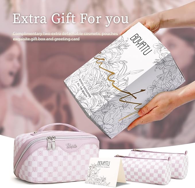 BOYATU Travel Makeup Bag Cosmetic Bags for Women: 3 Pcs Set Portable Make up Bag with Handle - Vegan Leather Toiletry Bags with Compartments - Makeup Organizer for Travel Essentials(02-Purple)