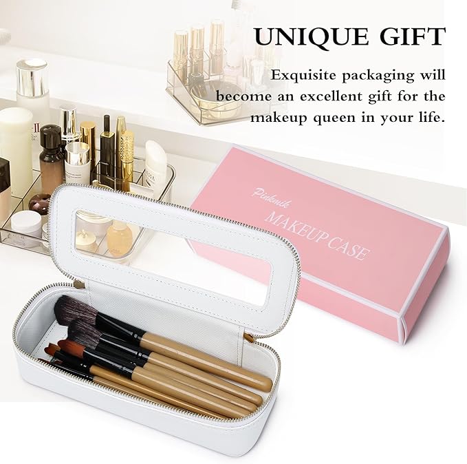 Pinkmik Makeup Brush Case Clear Travel Cosmetic & Toiletry Bag Small Makeup Bag with Zipper Purse Organizer Car Essential Bag for Women (White, SLIM)