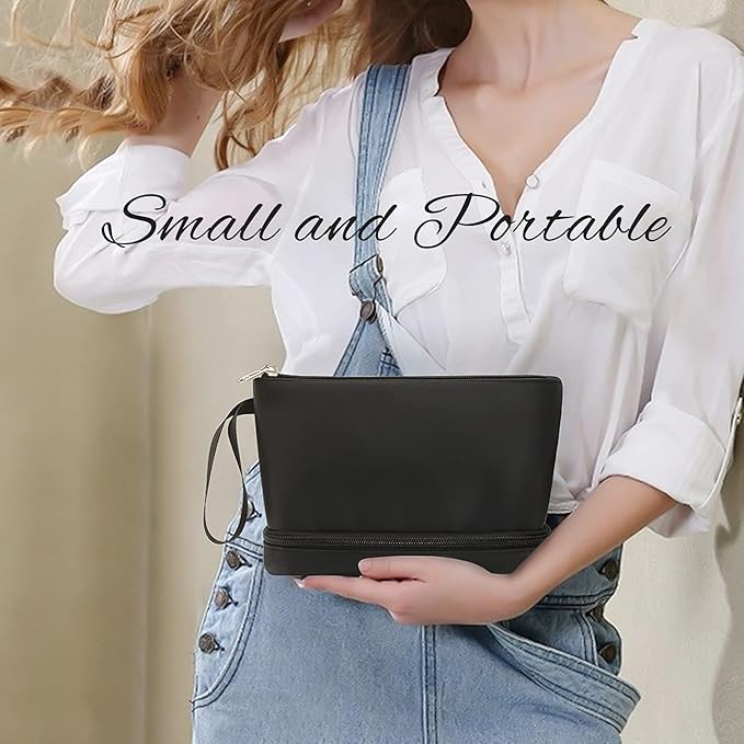 Ethereal Small Makeup Bag, 2 Layers Travel Makeup Bag with Makeup Brush Holder, Cosmetic Bag Black Make up Pouch for Women/Girls