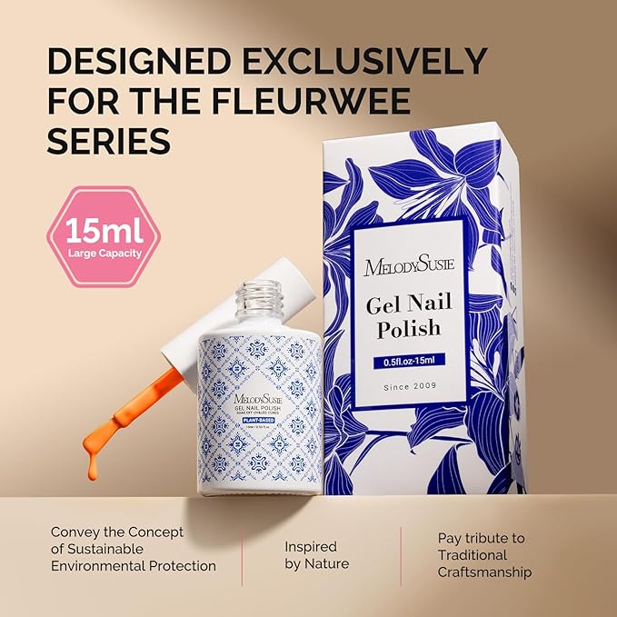 MelodySusie Fleurwee Plant Based Gel Nail Polish, Hema Free Bright Orange Nail Polish, Soak Off UV LED Gel Polish Gift for Women 21 Non Toxic Long Lasting Nail Art Manicure Salon DIY at Home P36