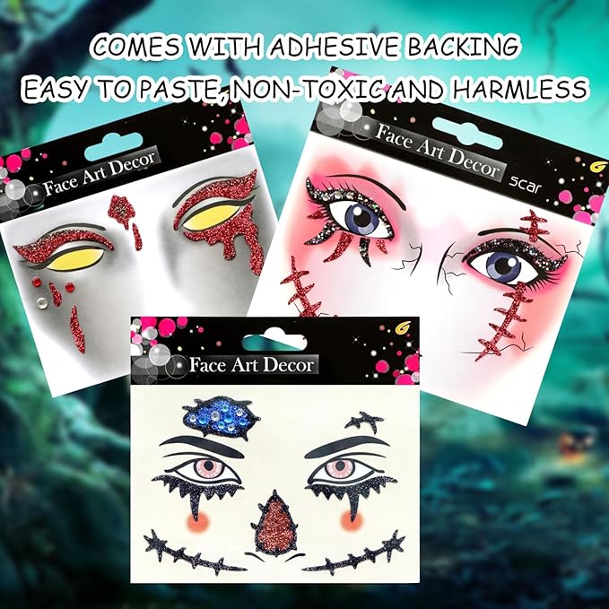 3 Pcs Halloween Face Gems Jewels,Day of the Dead Scar and Blood Stains Rhinestone Face Tattoo Stickers Glitter Rhinestone Face Jewels for Halloween Rave Party Cosplay