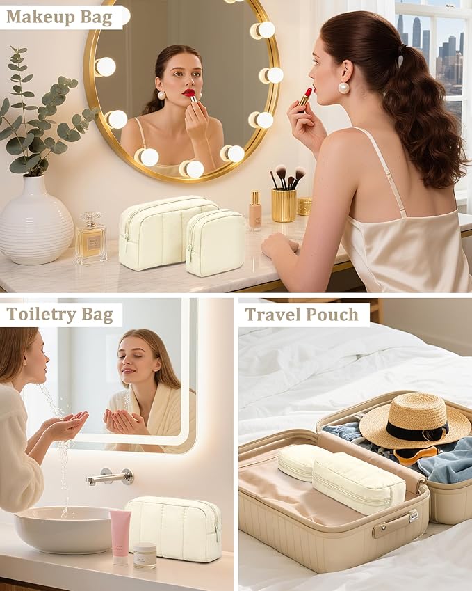 oscaurt 2 Pcs Makeup Bag Travel Toiletry Bag for Women Puffy Padded Cosmetic Pouch Purse Wide-open Makeup Organizer Case Travel Essentials