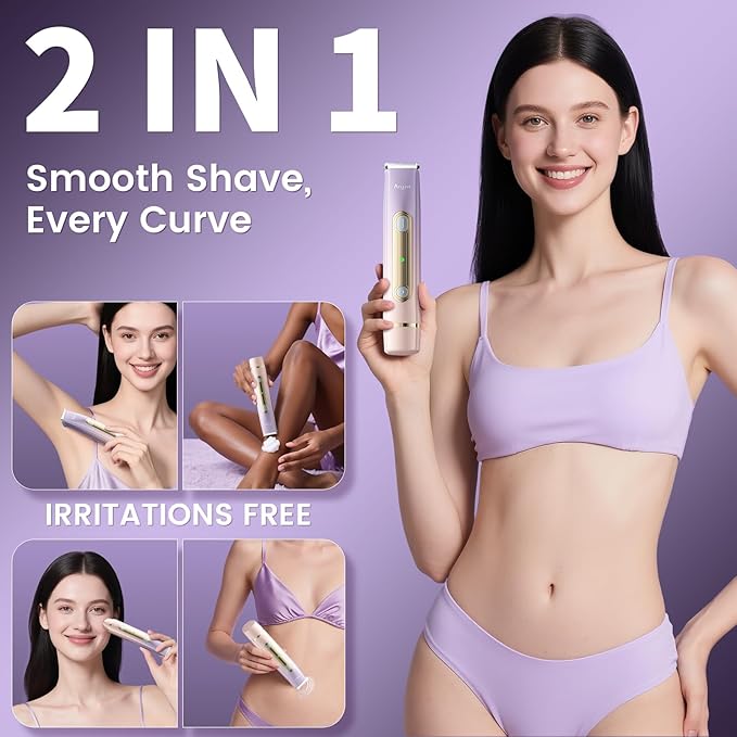 Bikini Trimmer for Women, 2 in 1 Dual Head Rechargeable Electric Shaver, Painless Pubic Hair Trimmer for Underarm Leg Arm Body Faceโ IPX7 Waterproof & Travel-Friendly, ElegantPurple