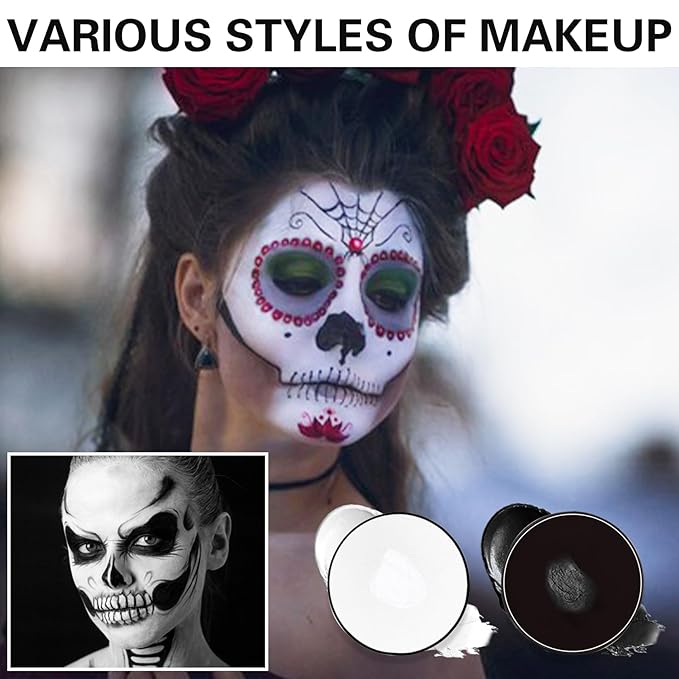 Black White Face Body Paint Professional Water Based Activated Body Face Paint Washable Halloween Makeup Palette Kit for Halloween Skeleton Vampire Zombie Goth SFX Special Effects Makeup
