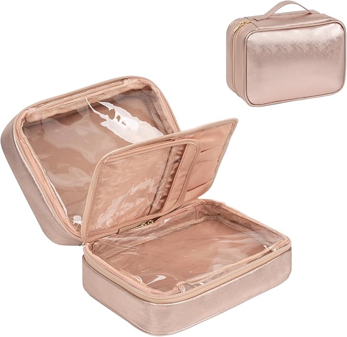 OCHEAL Makeup Bag, Makeup Travel Bag Large Capacity Cosmetic Organizer with Makeup Brush Compartment & Handle for Women Girls Travel Toiletry Accessories-Rose Gold