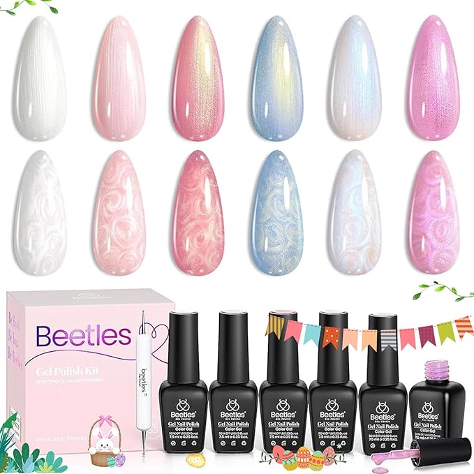 Beetles Pearl Gel Nail Polish Set - 6 Colors Pearl White Gel Nail Polish Mermaid Soak Off Uv Led Fall Winter Pink Blue Polish Swirl Thread Effect DIY Manicure Art Gift for Women
