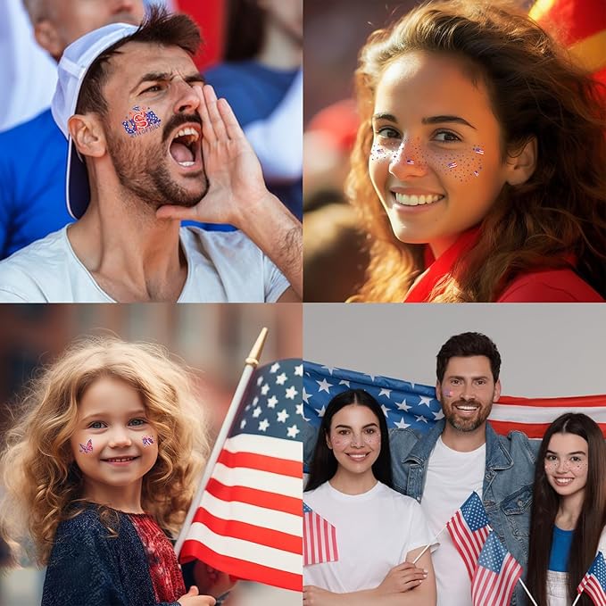 20 Pcs Blue Red and White Glitter Freckles Face Tattoos, Independence Day Glitter Freckles, Waterproof Temporary Face Tattoos for Women and Kids, USA Patriotic, Memorial Day Fake Tattoos
