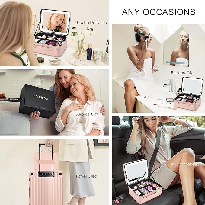 Leather Makeup Case with LED Lighted Mirror 11.4 Inch Travel Makeup Bag Adjustable Brightness in 3 Colors Cosmetic Organizer Artist Storage Bag with Dividers Brush Holder Storage Vanity Pink