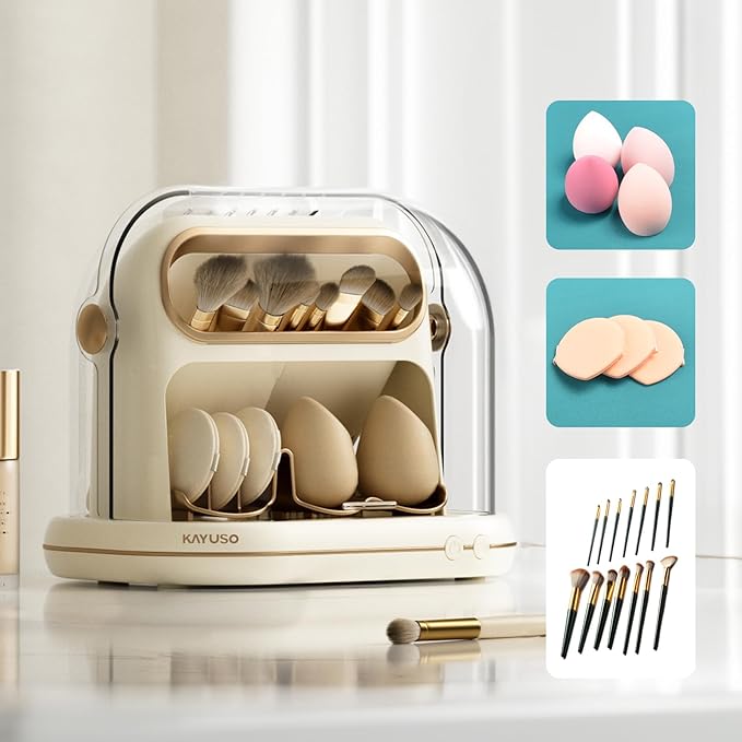 KAYUSO Electric Makeup Brush Dryer Machine, 3 in 1 Automatic Makeup Brush Dryer and Storage with Cover, Timed Cleaning Tool for Most Size Brushes and Sponges