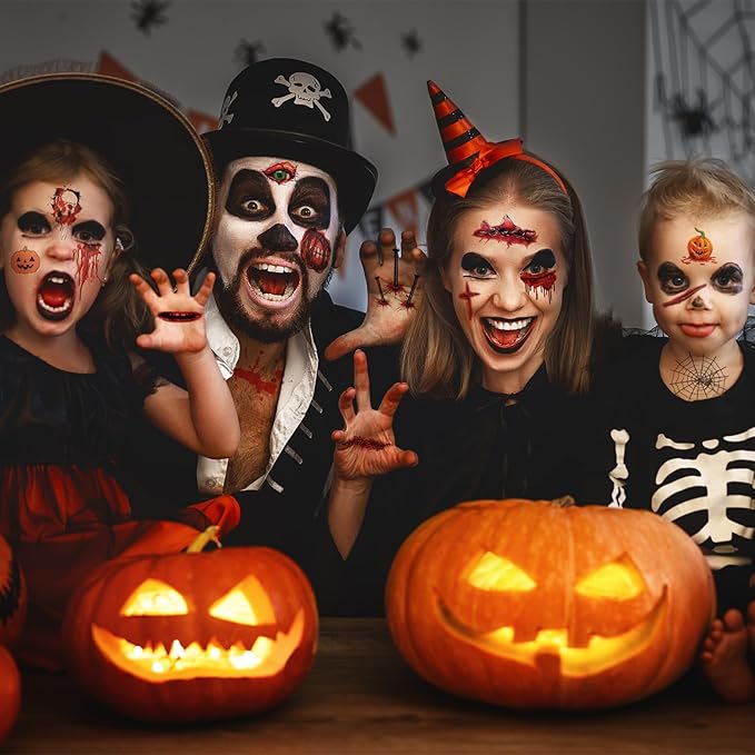 Halloween Zombie Makeup, 12 Sheets Halloween Fake Scars Bloody Wound Temporary Tattoos, Halloween Party Cosplay Vampire Makeup Tattoos for Women Men Kids