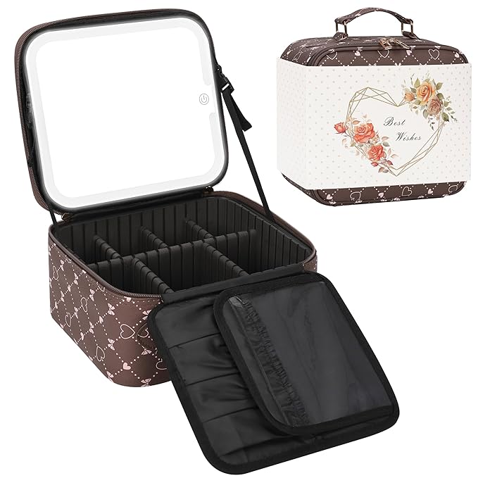 Relavel Travel Makeup Bag With LED Mirror, Portable Cosmetic Organizer Bag with Adjustable Brightness in 3 Color Scenarios, Small Train Case with Detachable Dividers for Trip- Brown Bowknot