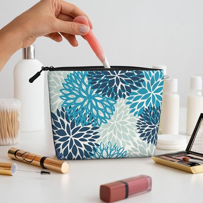 MOLAIGIN Medallion Dahlia Pinnata Floral Bobo Blue Pink Turquoise Grey Cosmetic Bag For Women, Travel Makeup Bag, Toiletry Zipper Bag, Large Capacity Aesthetic Cases