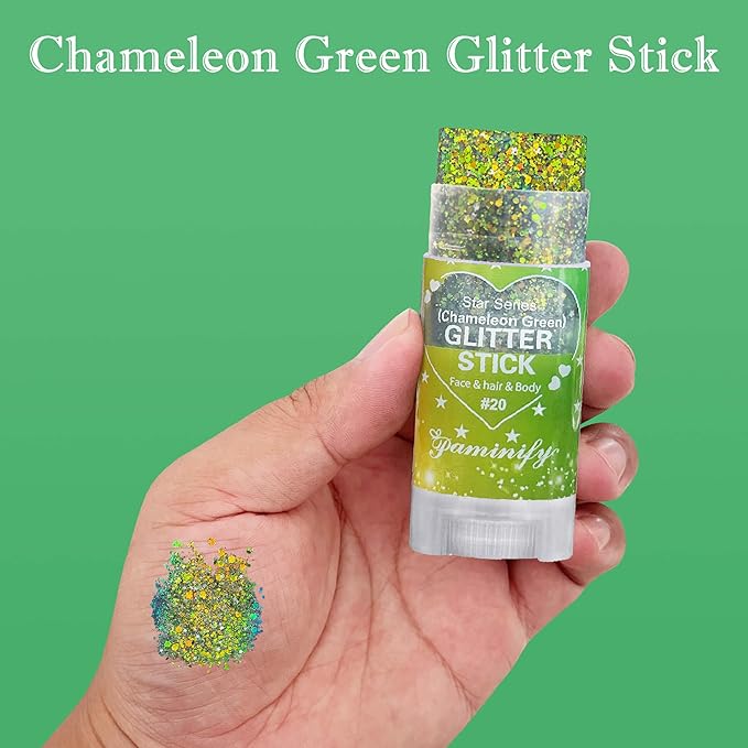Chameleon Green Body Hair Glitter Stick,Gold Green Face Glitter St Patricks Day Accessories,Waterproof Shimmer St Patrick's Day Outfit for Women,Mardi Gras Rave Singer Concert Makeup