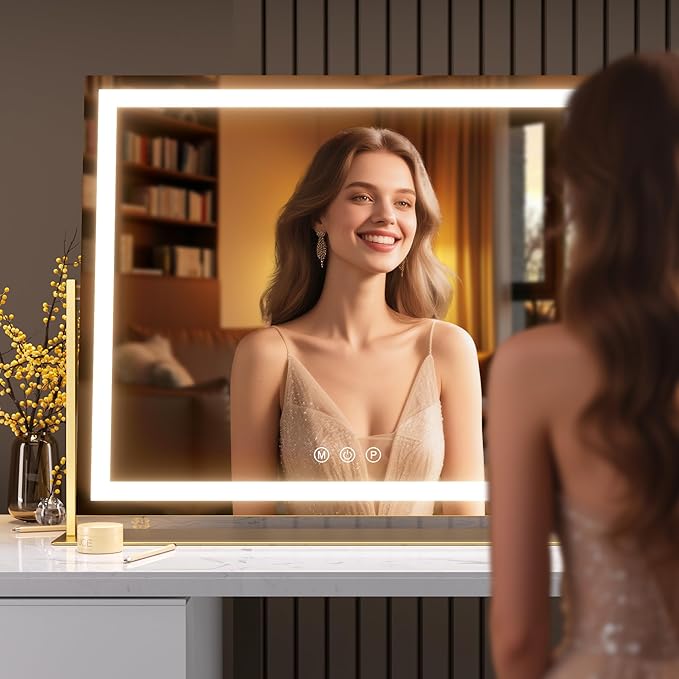 Hasipu Vanity Mirror with Lights, 25.6" x 21.3" LED Makeup Mirror, Light up Mirror with 10X Magnification, USB Charging Port, Smart Touch 3 Colors Dimmable, 360ยฐ Rotation (Gold)