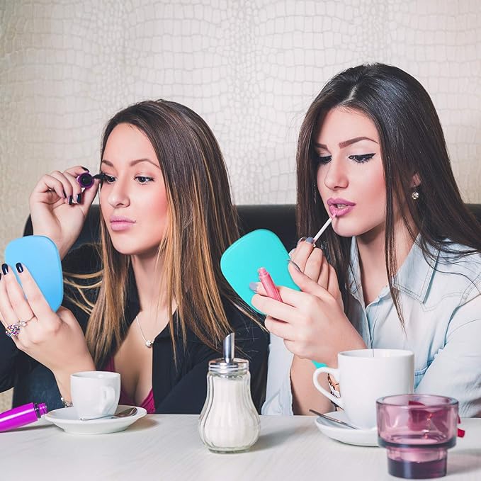 Hicarer 16 Pcs Hand Handheld Mirror with Handle Plastic Travel Makeup Handheld Cosmetic Mirror for Travel, 3.15 Inch Wide, 7.09 Inch Long (Blue,Green,Pink,Purple)