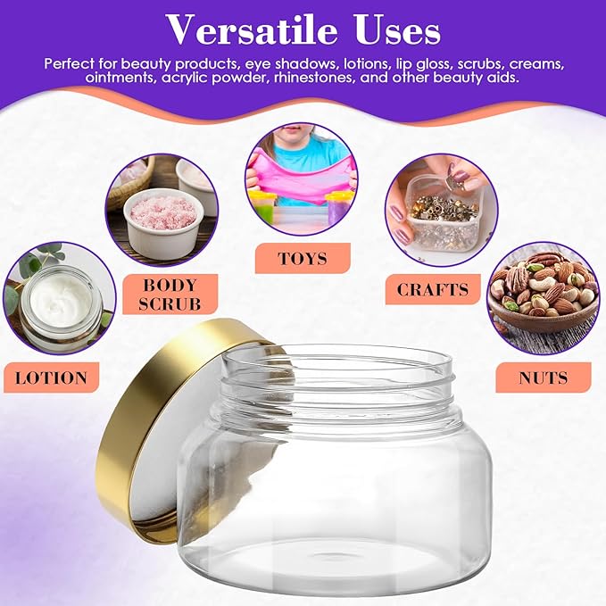 36 Pack 8 oz Amber Plastic Cosmetic Containers With Lids Refillable Clear Empty Travle Jars Containers for Body Butter,Sugar Scrubs,Cream,Lotions,Candy, Waterproof Label&Spatulas - (Black Lid)