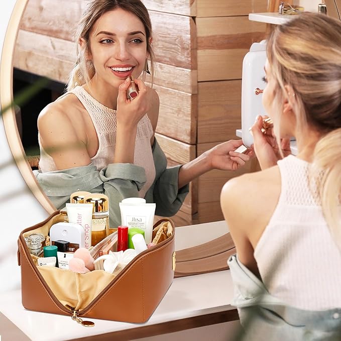 Birthday Gifts for Women Teen Girl, Personalized Initial Makeup Organizer Bag Set, Open Flat Travel Cosmetic Bag With Clear Divider and Handle(Brown,R)