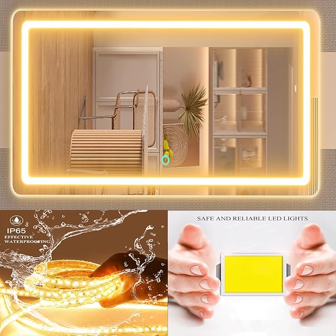 Makeup Vanity Mirror with Lights 32" x 24" Large LED Makeup Mirror, Light up Mirror with 10X Magnification and USB Charging Port, Dimmable 3 Modes, Touch Screen Control Square Corner