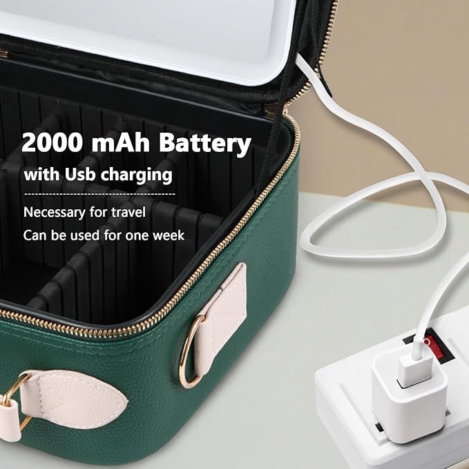 Travel Makeup Bag with Mirror of LED Lighted, Rechargeable Cosmetic Train Case Artist Makeup Organizer for Women with Adjustable Dividers, Makeup Brushes Holder and Strap (Green)