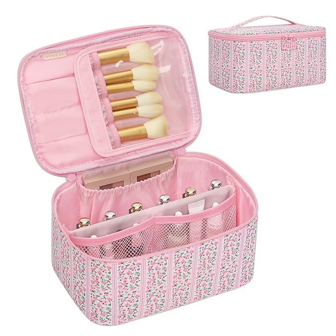 OCHEAL Makeup Bag for Women - Travel Cosmetic Organizer with Brush Slot & Divider, Large Capacity Toiletry Bag for Girls, Travel Makeup Case for everyday Make up Accessories -Pink Floral
