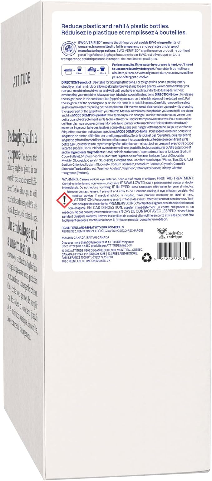 ATTITUDE Liquid Laundry Detergent Refill, EWG Verified, HE Compatible, Plant-Based & Vegan, Natural Laundry Soap, Citrus Zest Scent, 160 Loads, 135.26 Fl Oz