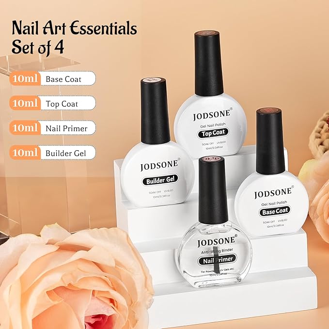 JODSONE 4 Bottle 10ML Nail Primer Base Coat Top Coat and Builder Gel Glossy Durable Long Lasting Gift for Girls at Home Salon Design