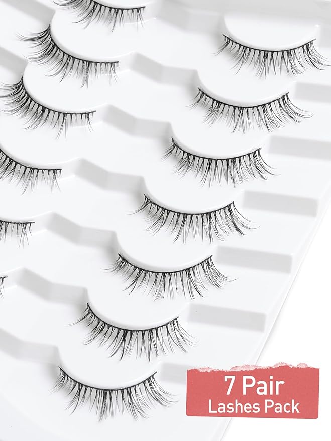 Natural Eyelashes 10MM Short Lashes Cat Eye Lashes Wispy False Eyelashes Manga Lashes Soft Strip Lashes 3D Volume Lashes Fake Eyelashes 7 Pair Siligli