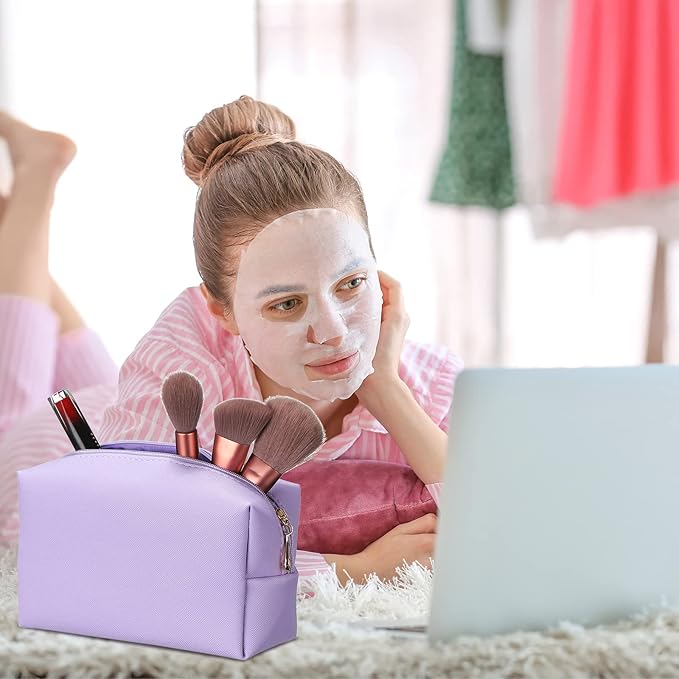 Sanwuta 9 Pcs Makeup Bags Bulk PU Double Zippers Cosmetic Bag Makeup Toiletry Pouch Portable Travel Organizers Case for Women Bachelorette Party End of The Year Bridesmaid Gift(Purple)