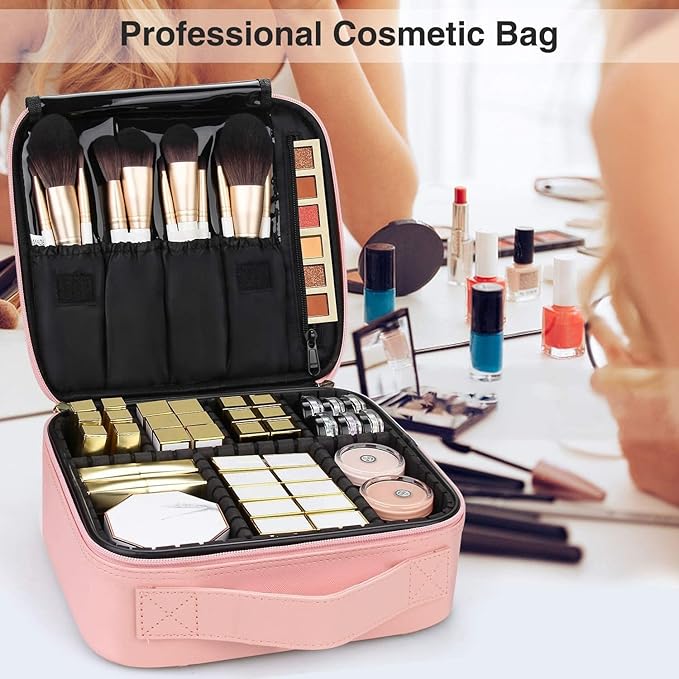 Travel Makeup Case, PU Leather Portable Organizer Makeup Train Case Makeup Bag Cosmetic Case with Adjustable Dividers for Cosmetics Makeup Brushes Women (Pink)