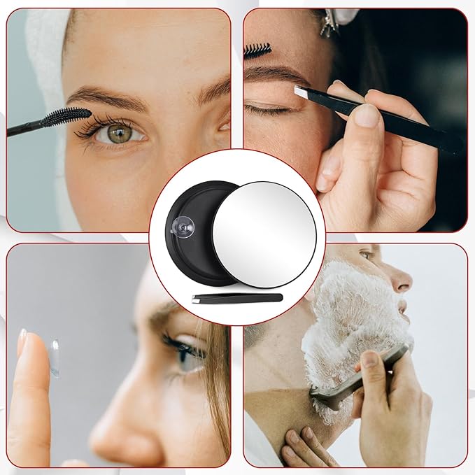 10X Makeup Magnifying Mirror, Round 6inch Travel Magnified Mirror with 3 Suction Cups Mounting, 10X Handheld Travel Magnification and Tweezers Kit, Use for Blackhead/Blemish Removal