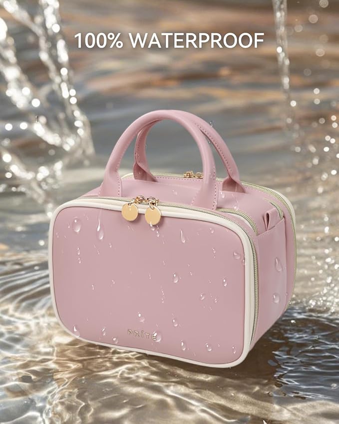 Prite Makeup Bag for Women, Large Capacity Waterproof Travel Cosmetic Organizer, Portable Open Flat Toiletry Bag with Free-standing Brush Holder and Handle(Pink Medium)