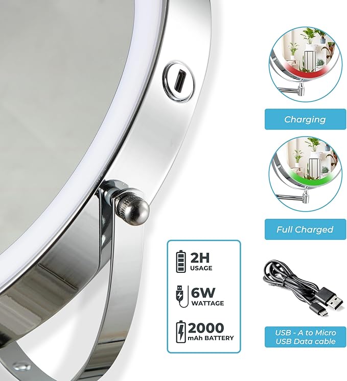 Fab Glass and Mirror Rechargeable Lighted Makeup Mirror 8 Inch, 1x/10x Magnification 3 Color Lights Touch Screen Dimmable 360° Rotation, Wall Mounted Magnifying Mirror Wall Mounted Mirrors (Chrome)