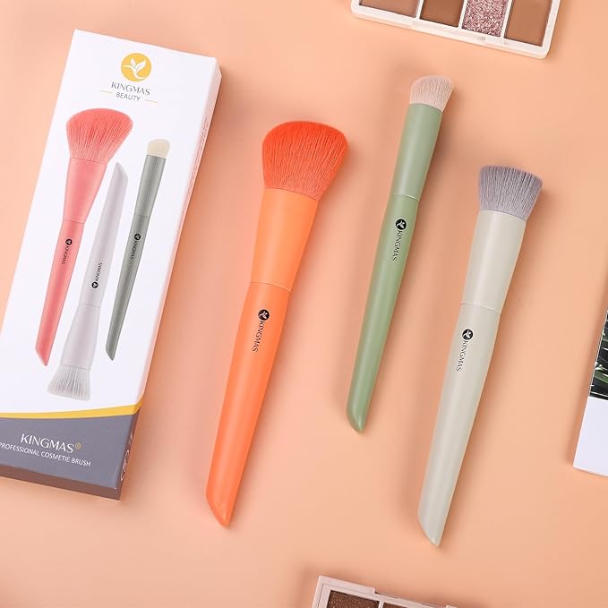 KINGMAS 3Pcs Foundation Brush Contour Concealer Brush Set, Under Eye & Blusher Brush Face Kabuki Makeup Brushes