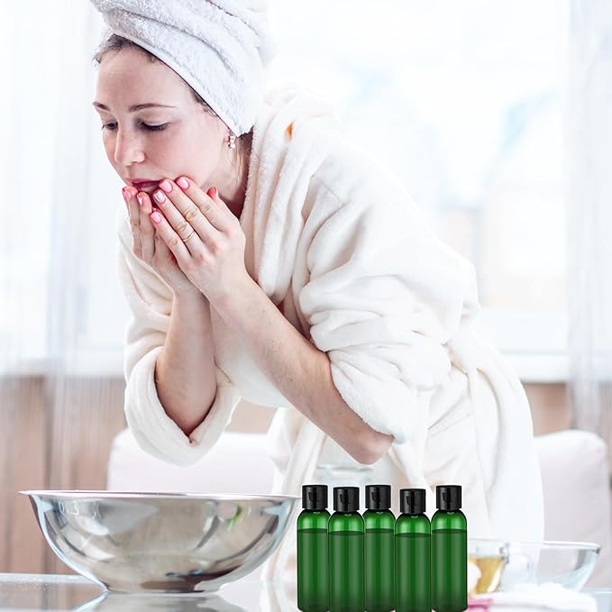 Zhehao 200 Pcs 2 oz Green Plastic Empty Bottles Small Travel Size Bottles with Flip Cap Empty Transparent Dispenser Container for Liquids Toiletries Shampoo Lotion (Black Cap)