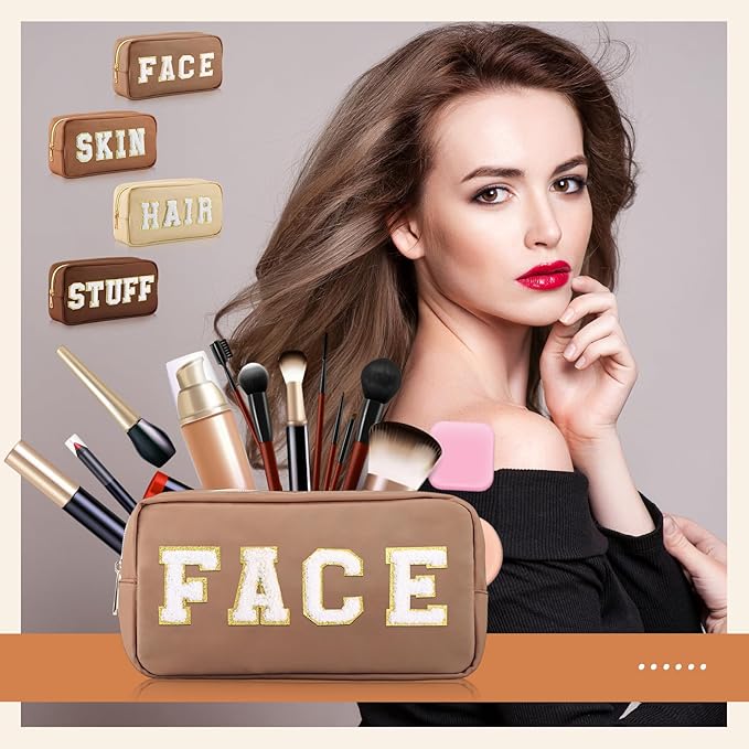 Cunno 4 Pcs Preppy Makeup Bags Chenille Letter Stuff Bag Nylon Cosmetic Pouch Cases with Zipper for Women Travel Toiletry