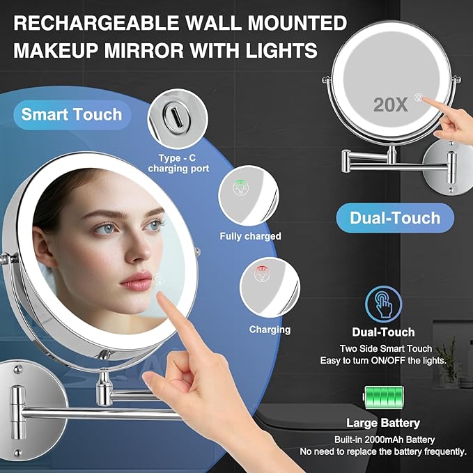 20X/1X Wall Mounted Lighted Makeup Mirror with Light, 8.5'' Double Sided Rechargeable Magnifying Bathroom Mirror, 3 Color Lights Touch Dimmable Extended Arm 360 Rotation Light up Magnification Mirrors