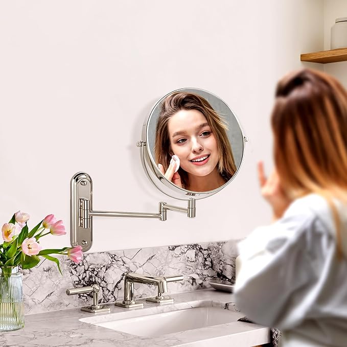 Wall Mounted Makeup Mirror, 10x Magnifying Mirror for Wall,8.5 Inch Makeup Mirror with 3 Color Double Sided 360° Swivel Extendable Bathroom Mirror, Shaving Mirror, Brushed Nickel-No Lights