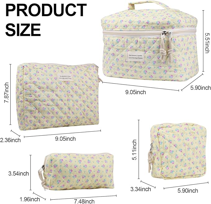 VIWIME Makeup Cosmetic Bag, Large Cotton Quilted Travel Coquette Aesthetic Cute Floral Make up Bag for Women Toiletry Bag Organizer(Purple Rose/4Pcs)