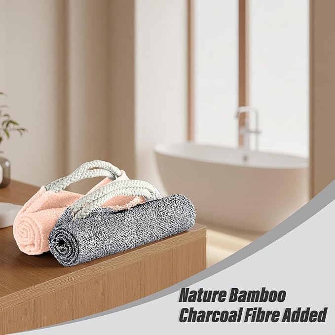 Inmorven Exfoliating Back Scrubber with Handles, Nylon Back Exfoliator, Two Sides Stretchable Pull Strap Shower Deep Cleans Skin Massages Invigorating Blood Circulation for Women Men Body (Pink)